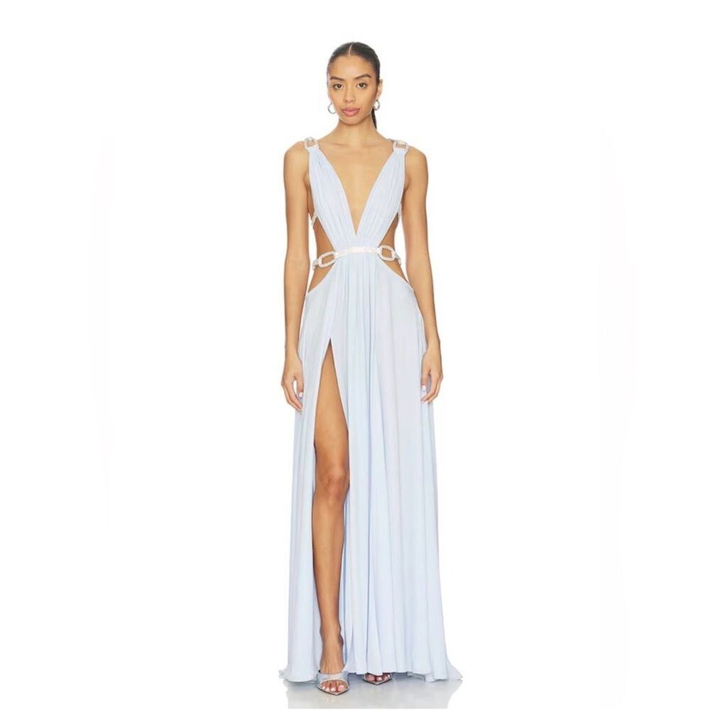NEW Bronx Banco Brielle Powder Blue Diamond Gown Elegant Plunge Cutout dress, XS - Picture 4 of 16